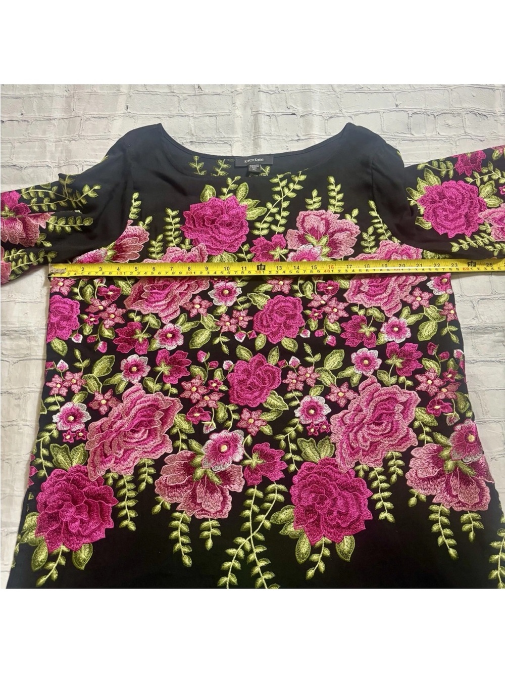 Karen Kane Black Pink Green Floral Embroidered 3/4 Sleeve Side Slits Tunic XL - Picture 7 of 12